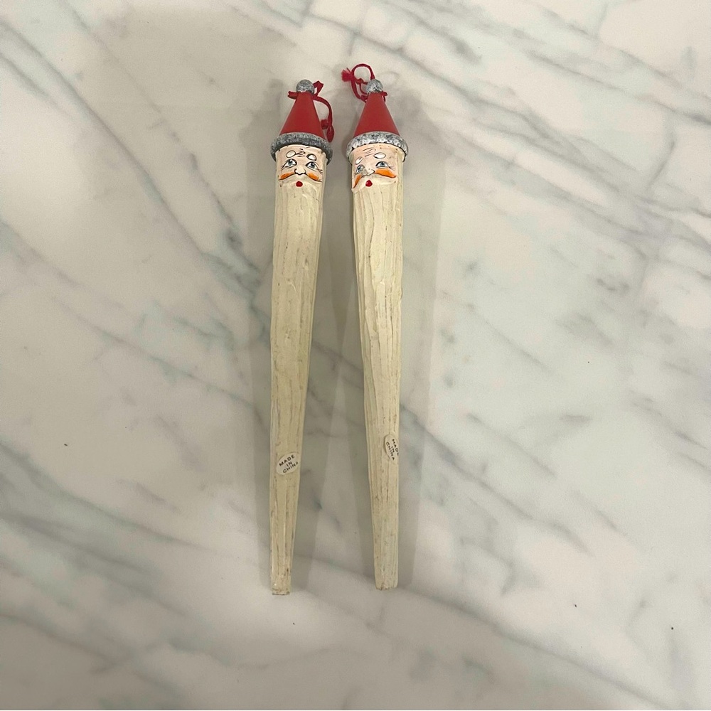Santa Claus icicle ornaments set of two rustic carved look.
